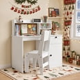 thumbnail image 1 of Kids Study Desk with Chair, Noelse Wooden Kids Desk with Drawer, Cabinet and Corkboard, Student Writing and Drawing Table for Bedroom Playroom, White, 1 of 8