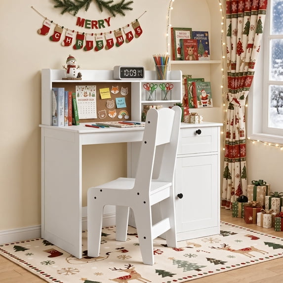 Kids Study Desk with Chair, Noelse Wooden Kids Desk with Drawer, Cabinet and Corkboard, Student Writing and Drawing Table for Bedroom Playroom, White