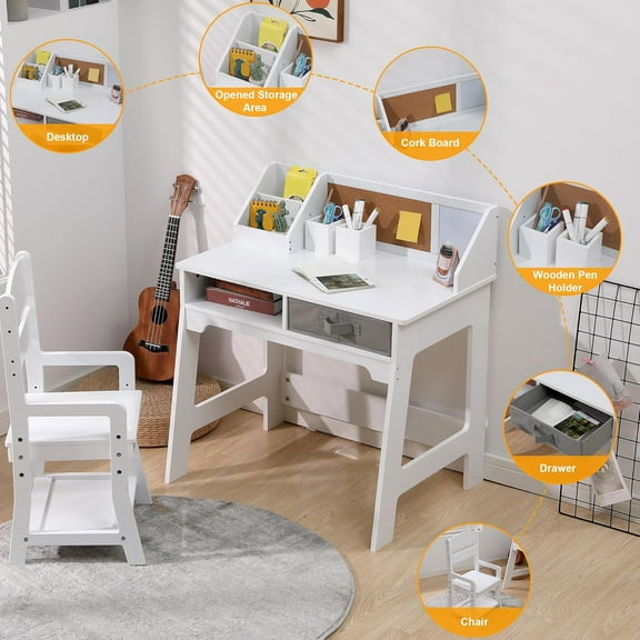 Kids Study Desk with Chair, Wood Writing Table with Bookshelf,  Storage, Bulletin Board, and Pen Holder, Activity Table for Boys and Girls, White