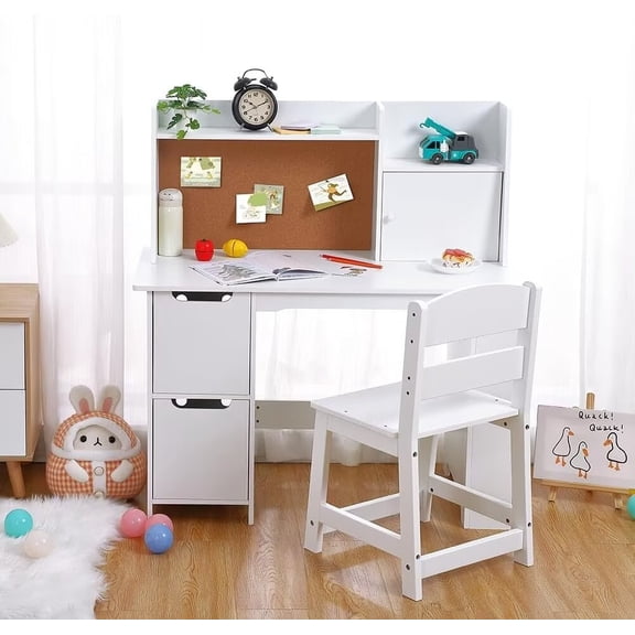 Kids Study Desk with Chair, Wooden Children Learning Table with Storage for 3-8 Years, White
