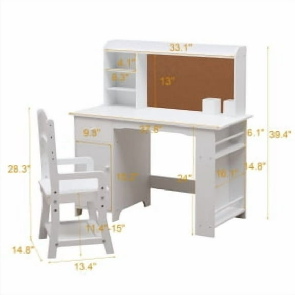 Kids Study Desk with Chair,Wooden Kids Writing Table with Bookshelf, Bulletin Board, Cabinet and Drawer for Boys and Girls