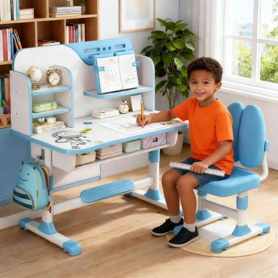 YNCE Kids Study Desk Chair Set, Height Adjustable Children School Study Table Chair Set Pattern Ergonomic, Writing Board Bookshelf Drawer Learning Station Desk, Xmas Gifts