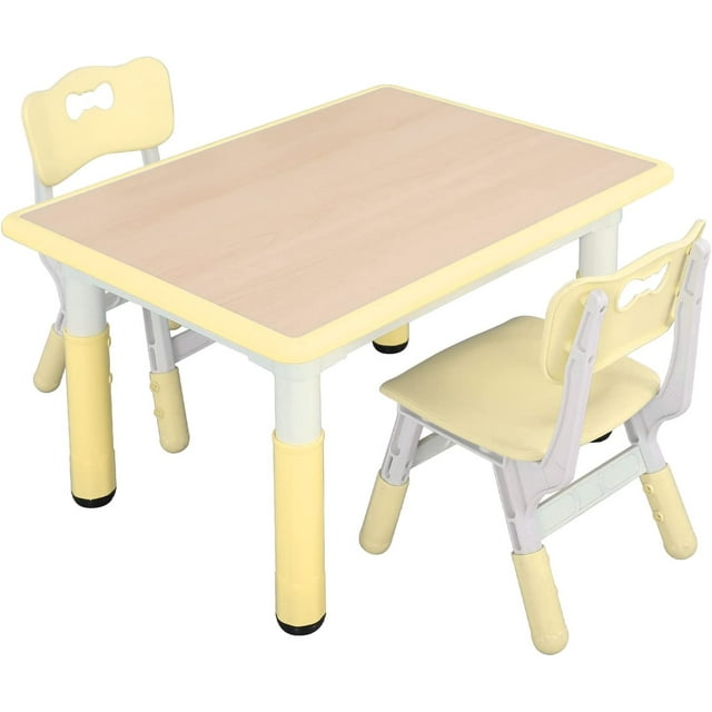 Kids Study Table and Chairs Set, Height Adjustable Plastic Children Art Desk with 2 Seats, Kids