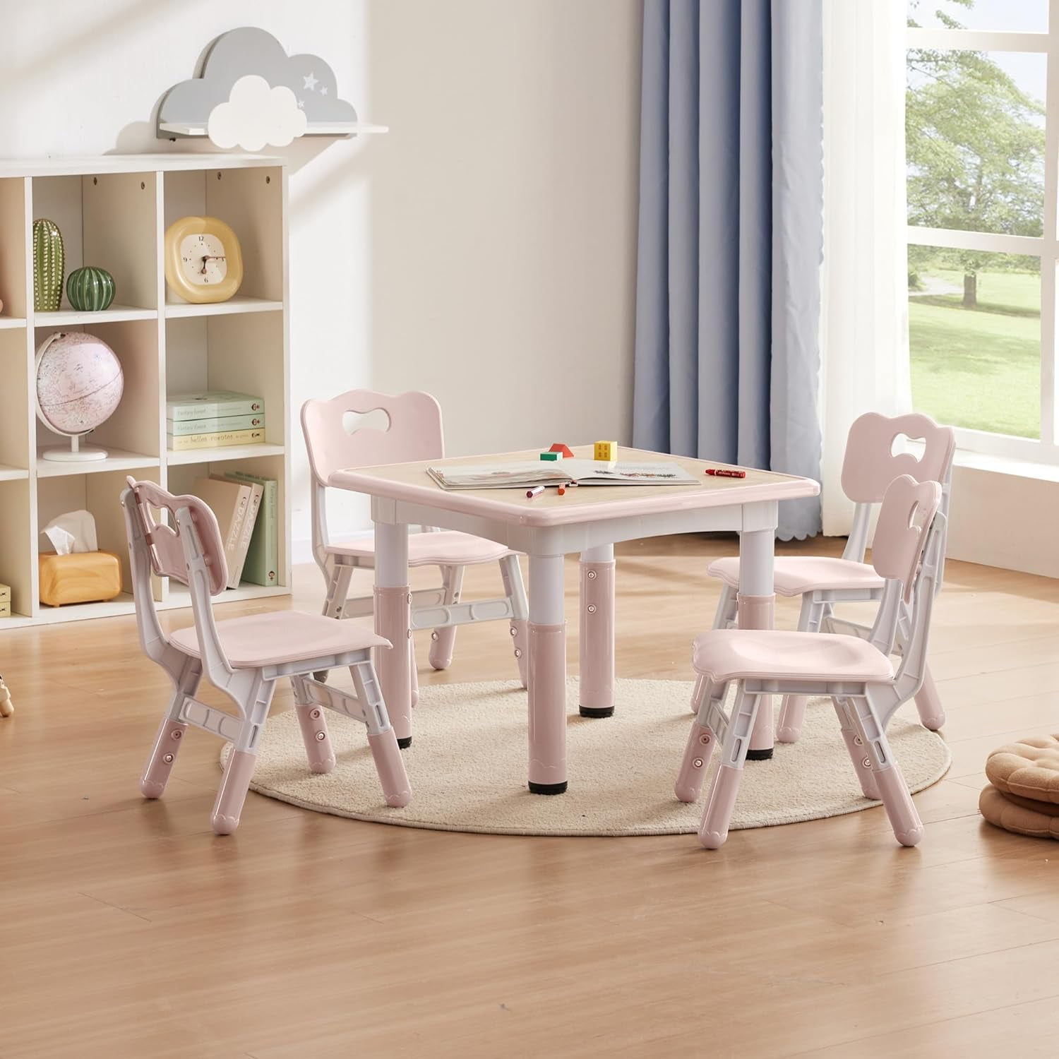 INFANS Kids Table & 4 Chairs Set - Adjustable Height Toddler Desk, Graffiti Art Table, Large 47" X 23.5" Activity Table For Home, Daycare, Classroom (Natural)