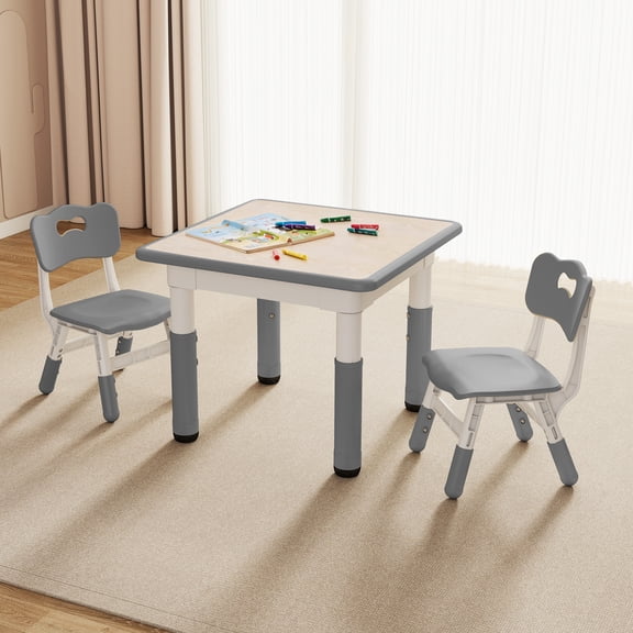 Kids Study Table and Chairs Set, Height Adjustable Toddler Table and Chair Set for Kids Ages 3-8, 23.6" L x 23.6" W Graffiti Desktop Plastic Children Art Table with 2 Seats, W-Grey