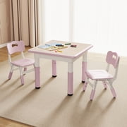 W-Pink Height Adjustable 2-Seat Kids Activity Station, Plastic Graffiti Top 23.6"x23.6" for Ages 3-8 Art & Study Play