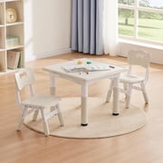 Kids Study Table and Chairs Set, Height Adjustable Toddler Table and Chair Set for Kids Ages 3-8, 23.6 L x 23.6 W Graffiti Desktop Plastic Children Art Table with 2 Seats, Burlywood