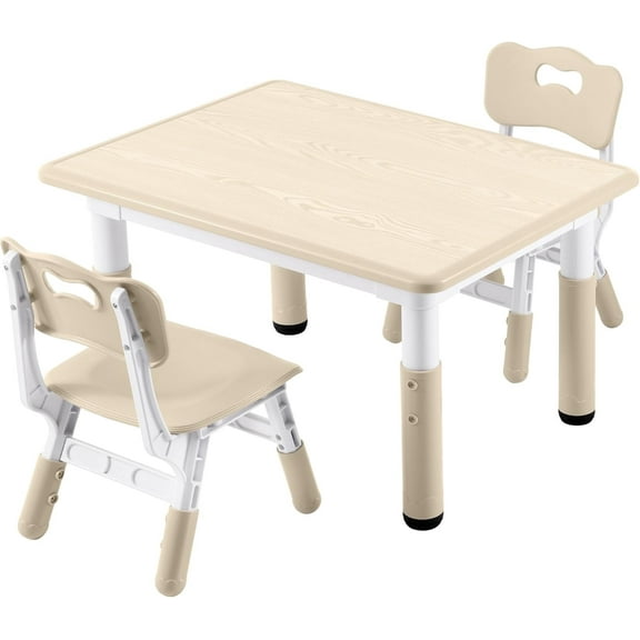 Kids Study Table and Chairs Set, Height Adjustable Toddler Table and Chair Set for Kids Ages 3-8, 31.5" L x 23.6" W Graffiti Desktop Plastic Children Art Table with 2 Seats, Burlywood