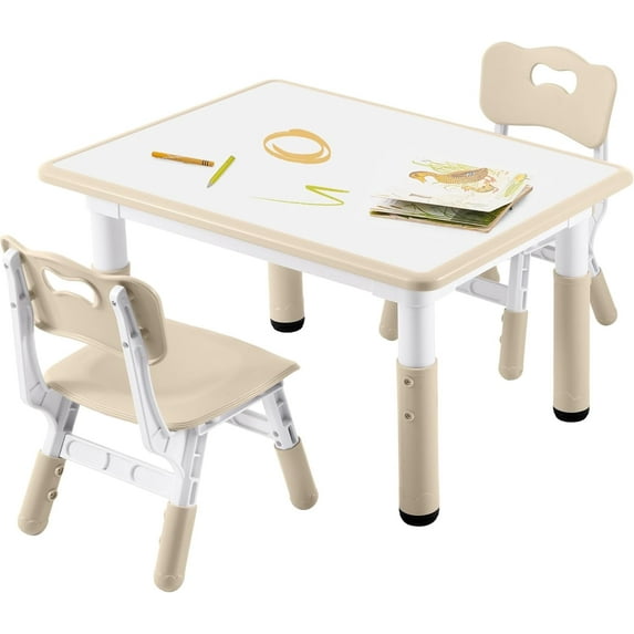 Kids Study Table and Chairs Set, Height Adjustable Toddler Table and Chair Set for Kids Ages 3-8, 31.5" L x 23.6" W Graffiti Desktop Plastic Children Art Table with 2 Seats