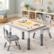 Kids Study Table and Chairs Set, Height Adjustable Toddler Table and Chair Set for Kids Ages 3-8, 31.5 L x 23.6 W Graffiti Desktop Plastic Children Art Table with 2 Seats, Grey