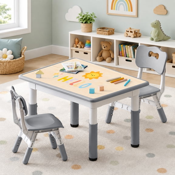 Kids Study Table and Chairs Set, Height Adjustable Toddler Table and Chair Set for Kids Ages 3-8, 31.5" L x 23.6" W Graffiti Desktop Plastic Children Art Table with 2 Seats, Grey