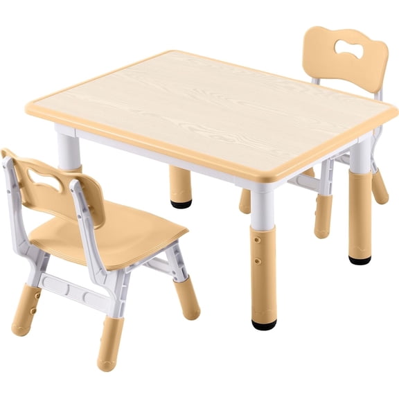 Brown Height Adjustable 2-Seat Kids Activity Station, Plastic Graffiti Top 31.5"x23.6" for Ages 3-8 Study & Art Play