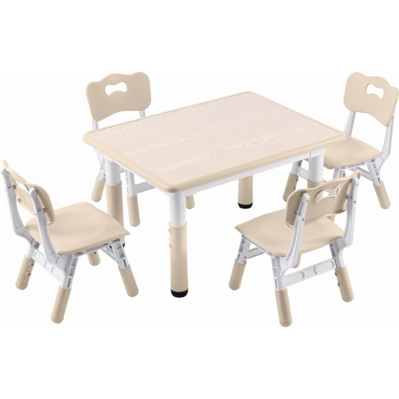 Kids Study Table and Chairs Set, Height Adjustable Toddler Table and Chair Set for Kids Ages 3-8, 31.5" L x 23.6" W Graffiti Desktop Plastic Children Art Table with 4 Seats, Burlywood