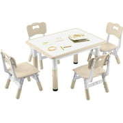 Kids Study Table and Chairs Set, Height Adjustable Toddler Table and Chair Set for Kids Ages 3-8, 31.5" L x 23.6" W Graffiti Desktop Plastic Children Art Table with 4 Seats