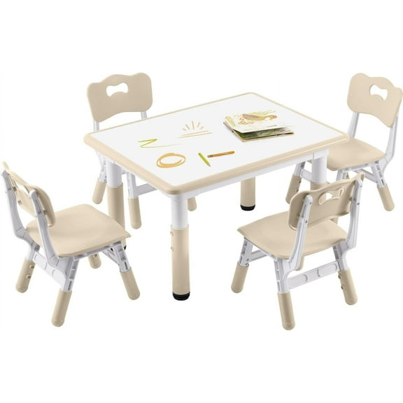 Kids Study Table and Chairs Set, Height Adjustable Toddler Table and Chair Set for Kids Ages 3-8, 31.5" L x 23.6" W Graffiti Desktop Plastic Children Art Table with 4 Seats
