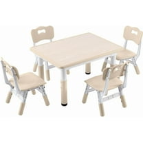 Kids Study Table and Chairs Set, Height Adjustable Toddler Table and Chair Set for Kids Ages 3-8, 31.5" L x 23.6" W Graffiti Desktop Plastic Children Art Table with 4 Seats, Burlywood