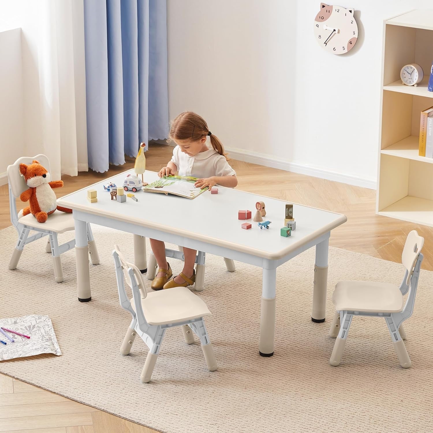 Kids Study Table and Chairs Set, Height Adjustable Toddler Table and Chair Set for Kids Ages 3-8, Graffiti Desktop (Burlywood - 1)