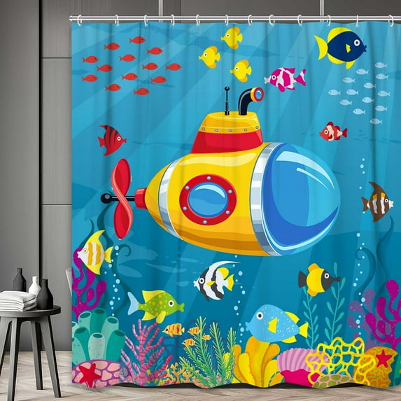 Kids Submarine Shower Curtain, Cartoon Under The Sea Shower Curtain for Bathroom Decor, Ocean Fish Coral Reef Colorful Shower Curtain Set for Boys Girls with Hooks