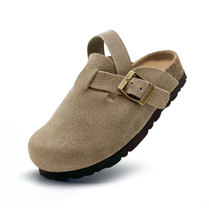 Kids Suede Clogs Toddler Clogs Boys Girls Cork Footbed Sandals Indoor Outdoor Cute Potato Shoes Leather Slip On Mules with Adjustable Buckle