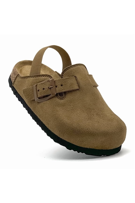 Kids Suede Clogs Toddler Clogs Boys Girls Cork Footbed Sandals Potato Shoes Leather Slip On Mules with Adjustable Buckle