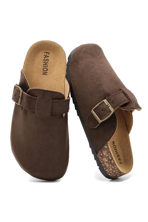 Kids Suede Clogs with Cork Footbed,Boys Girls Sandals, Adjustable Buckle Slip-On Slippers, Arch Support Mules for Indoor Outdoor