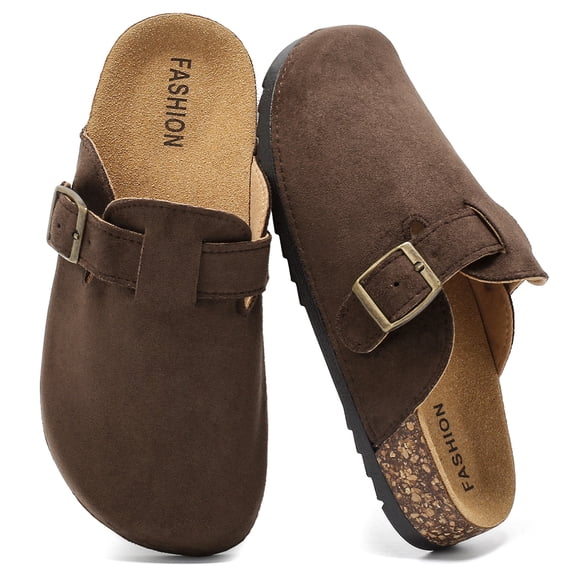 Lezzglt Kids Suede Clogs with Cork Footbed,Boys Girls Sandals, Adjustable Buckle Slip-On Slippers, Arch Support Mules for Indoor Outdoor