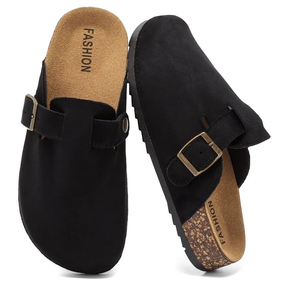 Lezzglt Kids Suede Clogs with Cork Footbed,Boys Girls Sandals, Adjustable Buckle Slip-On Slippers, Arch Support Mules for Indoor Outdoor