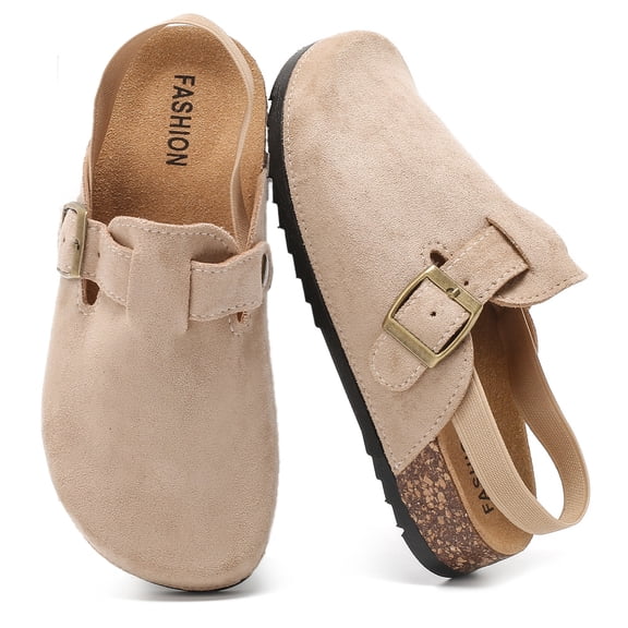 CKWLXQYY Kids Suede Clogs with Cork Footbed, Arch Support Mules for Boys & Girls, Adjustable Buckle Non-Slip Toddler Sandals, Slip-On Slides with Back Strap