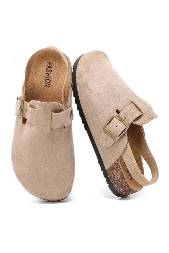 Kids Suede Clogs with Cork Footbed, Arch Support Mules for Boys & Girls, Adjustable Buckle Non-Slip Toddler Sandals, Slip-On Slides with Back Strap
