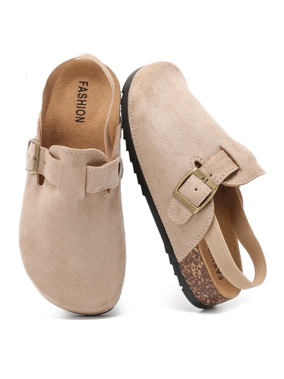 Kids Suede Clogs with Cork Footbed, Arch Support Boys Girls Toddler Sandals, Slip-On Slippers Indoor Outdoor, Non-Slip Mules with Adjustable Strap