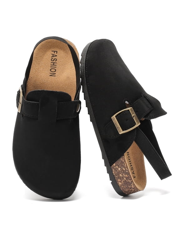 Kids Suede Clogs with Cork Footbed, Arch Support Boys Girls Toddler Sandals, Slip-On Slippers Indoor Outdoor, Non-Slip Mules with Adjustable Strap