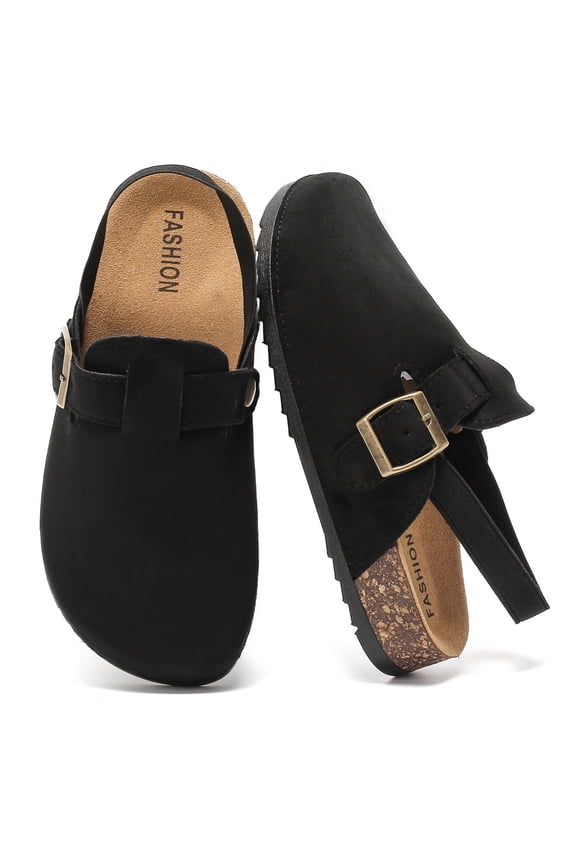 Kids Suede Clogs, Cork Footbed Sandals for Girls Boys Toddlers, Non-Slip Mules Potato Shoes with Arch Support and Adjustable Buckle Slip-on Slippers Indoor Outdoor