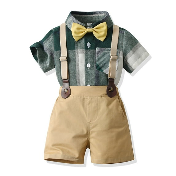 Kids Suit Bowtie Dress Shirt + Suspender Pants + Bowtie 3 Pieces Formal Clothes Sets First Birthday Outfit for Boys 4-5 Years
