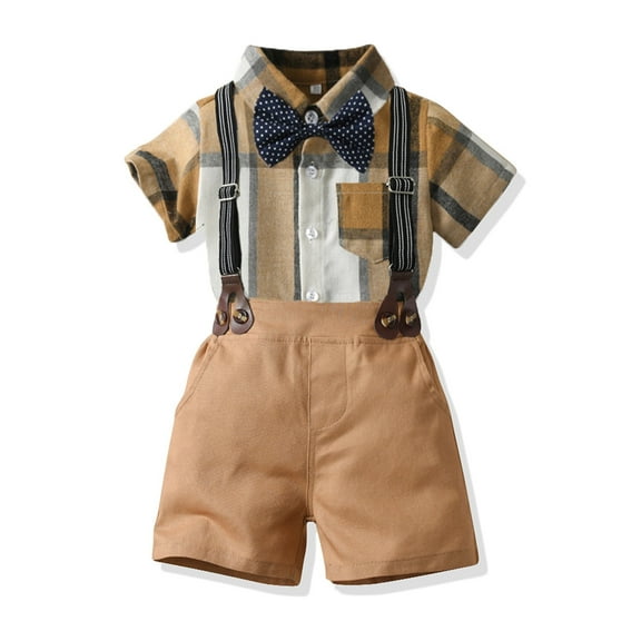 Kids Suits for Boys Button down Shirt with Bowtie Suspender Pants 3 Pieces Formal Clothes Sets First Birthday Outfit for Boys 4-5 Years