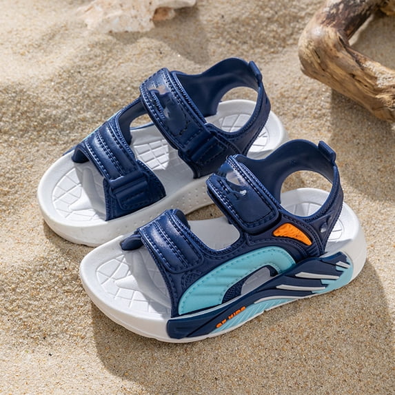 Kids Summer Beach Sandals, Boys Girls Open Toe Sandals, Toddler Boys Sandals Girls Adjustable Double Back Strap Water Shoes Non Slip Soft Soled Comfortable Beach Sandals, Blue 21/4C