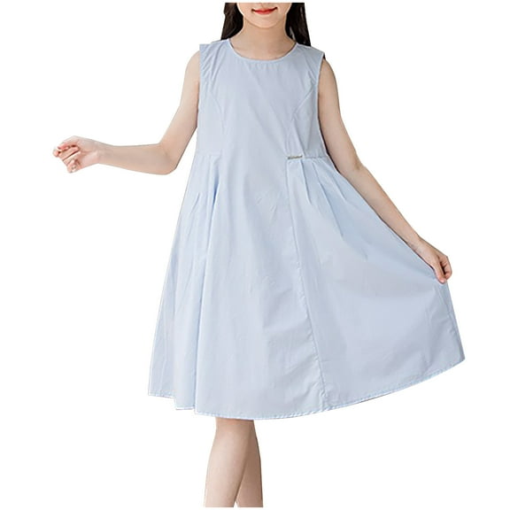 Kids Summer Beach Sundress New 6-16 Years Middle Aged Girls' Fashionable Solid Color Back Button Sleeveless Round Neck Knee Length Dress Style B-17 Blue 160