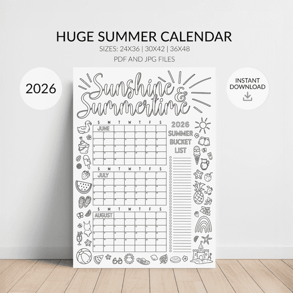 Kids Summer Calendar 2026 Coloring Planner Poster , Poster Print Only