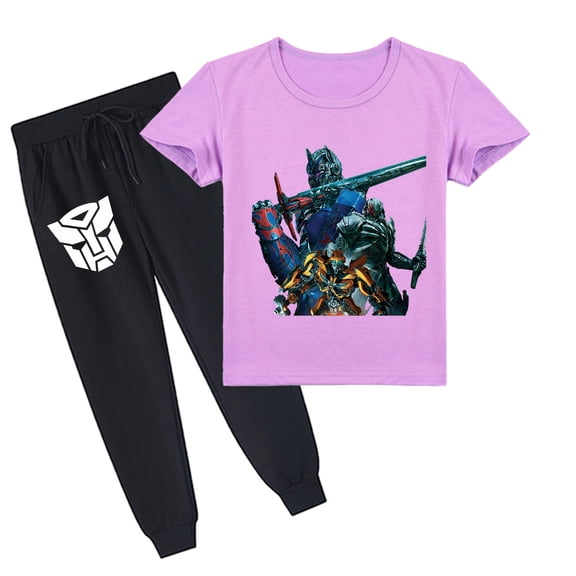 Kids' Summer Casual Set: Transformers Print on Cotton Short Sleeve Tee & Trousers Outfits