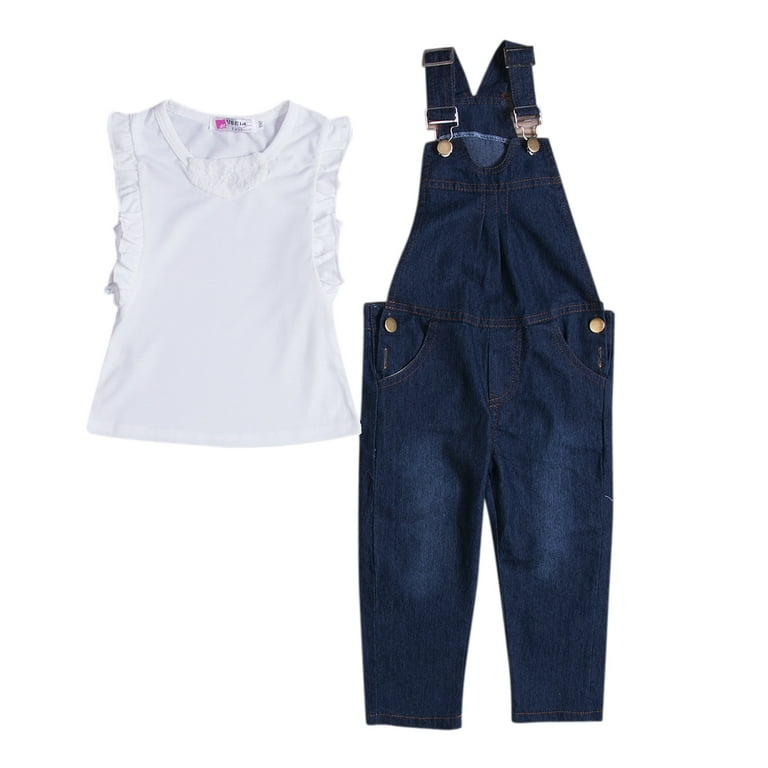 Kids Summer Clothes Set Dungarees Vest Tops White Overalls Denim