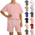 thumbnail image 1 of Kids Summer Clothes Short Sleeve Waffle Pocket Tshirts and Drawstring Shorts Boy Beach Outfit Boys Two Piece Set Size 1-13 Years, 1 of 4