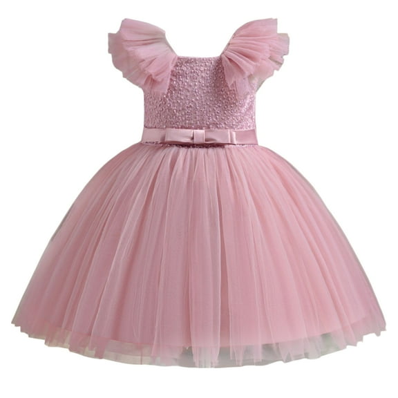 Kids Summer Dresses Child Girls Tulle Pageant Dress Party Bow Knot Fly Sleeve Gown Dresses Pink, 6Y
