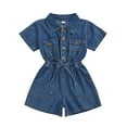 thumbnail image 1 of Kids Summer Girls Romper Casual Denim Button Down Short Sleeve Onesie Jumpsuits Dress Blue Soft Newborn Clothes 18-24M, 1 of 6