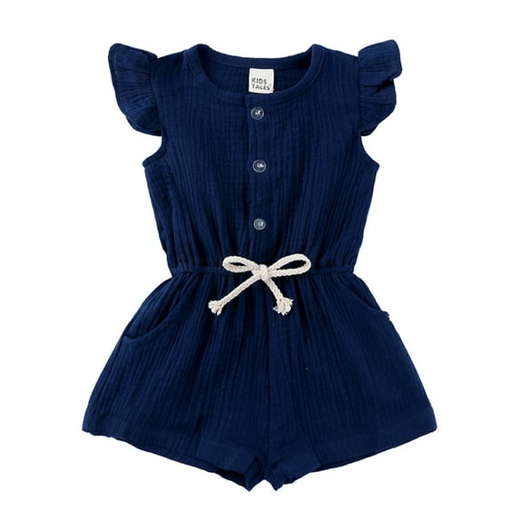 Kids Summer Girls Romper Fly Sleeve Solid Playsuit Button Up Romper Onesie Jumpsuit Blue Infant Boys Bodysuit 6-12M