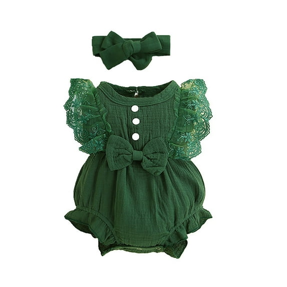 Kids Summer Girls Romper Lace Romper Sleeveless Ruffle Bow Decorated Onesie Jumpsuit With Headband 2 Pieces Green One Piece Bodysuit Clothes 12-18M