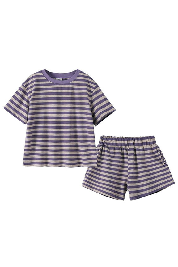 Kids Summer Going out Outfits Boys Girl 2 Piece Set Loungewear Short Sleeve Striped T-Shirts Shorts Loose Summer Clothes Purple, 5Y