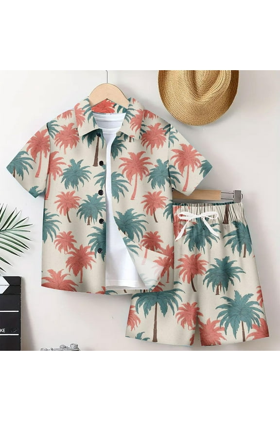 Kids Summer Hawaiian Outfits Short Sleeve Button Up Shirt and Elastic Waist Shorts Sets for Boys Girls Vacation (10 Years, Khaki 01)