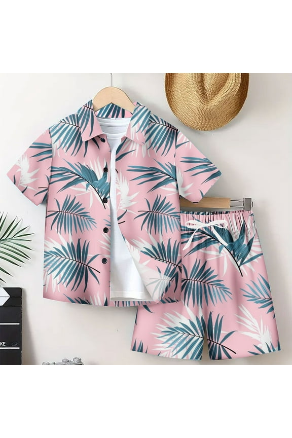 Kids Summer Hawaiian Outfits Short Sleeve Button Up Shirt and Elastic Waist Shorts Sets for Boys Girls Vacation (13 Years, Pink 02)