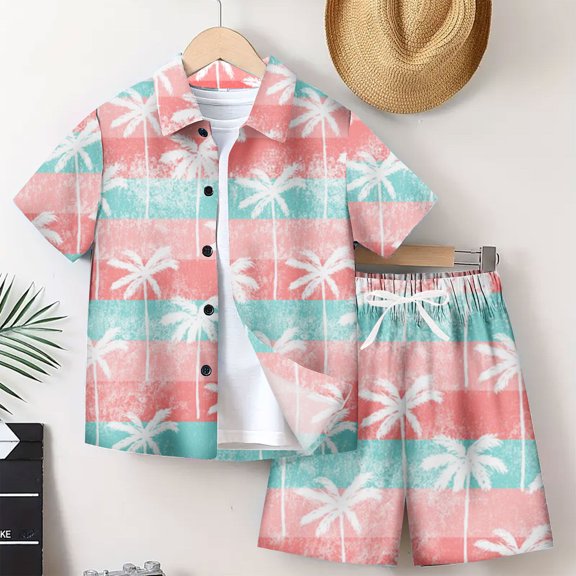 Kids Summer Hawaiian Outfits Short Sleeve Button Up Shirt and Elastic Waist Shorts Sets for Boys Girls Vacation (7 Years, Mint Green)