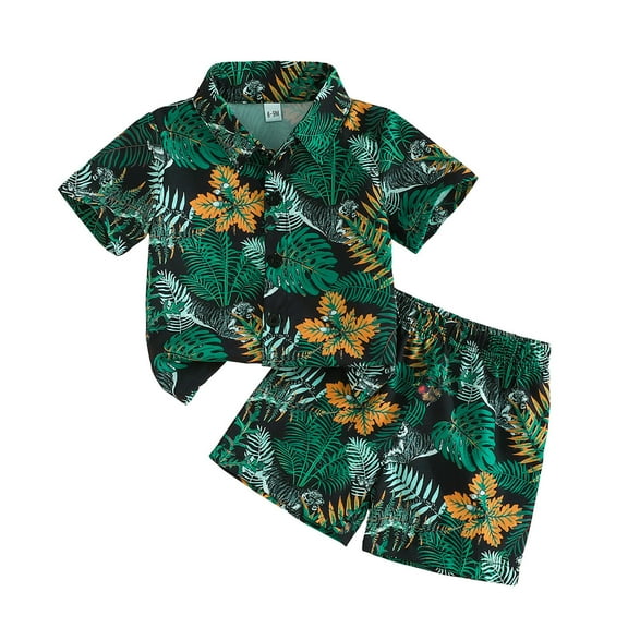 Kids Summer Hawaiian Shorts Set Girls Beach Vacation Outfits Short Sleeve Button Down Shirt Shorts Cotton Casual Clothes Green, 6M