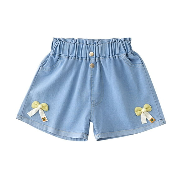 Kids Summer Jean Shorts Girls Elastic Waistband Bow Toddler Jeans Cute Stretchy Denim Pants Blue,5 Years